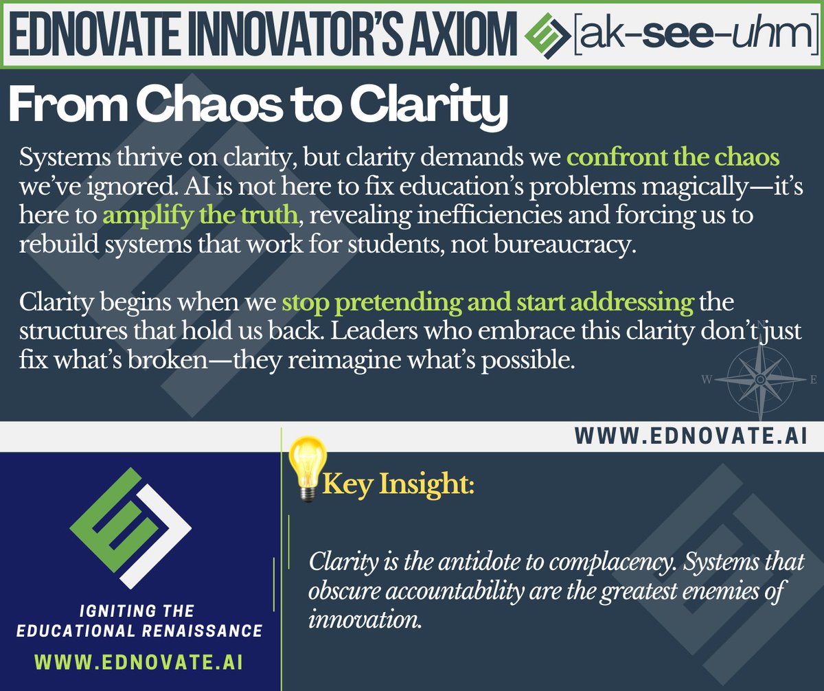 Innovative EdLeaders confront the chaos and amplify truth. Complacency stifles the compassion that defines our commitment. Let clarity lead. #EdNovateAxiom #IgniteTheEdRenaissance