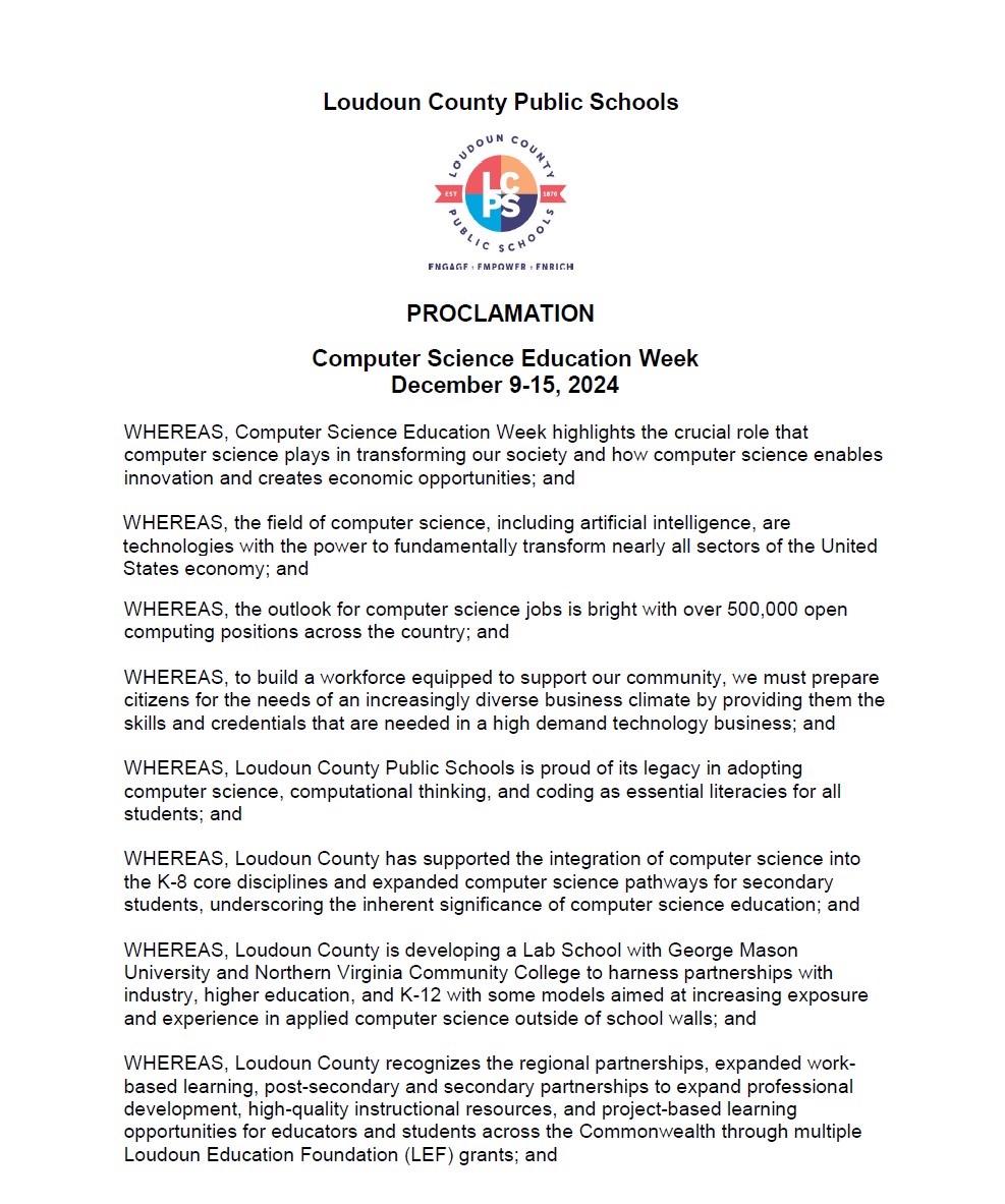 LCPSOfficial's tweet photo. The attached proclamation recognizes December 9 - 15, 2024 as Computer Science Education Week in Loudoun County Public Schools. https://t.co/EjNRTp6isu