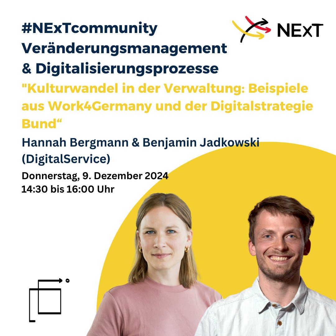 Wir freuen uns auf den Impuls "Kulturwandel in der Verwaltung: Beispiele aus Work4Germany und Digitalstrategie" von Hannah Bergmann und Benjamin Jadkowski (DigitalService) beim nächsten Treffen der #NExTcommunity am 9.12 ab 14:30.

next-netz.de/veranstaltunge…