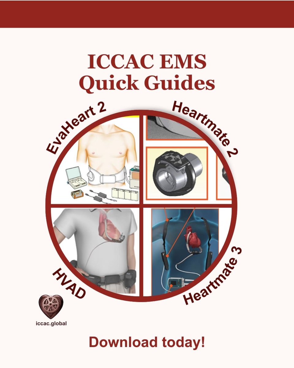 New EMS Quick Guides:
- HeartMate 3™
- HeartMate II™
- HeartWare™ HVAD™
- Evaheart 2
Answering critical questions:
• Can CPR be performed?
• How to handle alarms &amp;transport patients?
• How to perform controller changes?
Download now iccac.global/public/documen…
#ICCAC #EMSGuide