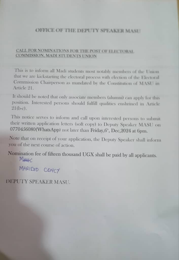 Masufraternity's tweet photo. Call for nominations for the post of Electoral Commission of MASU,interested persons should get in touch please.@mamsafraternity ,@gumasa2023 ,@MAKUSAfraternit . https://t.co/DAZ891PSnV