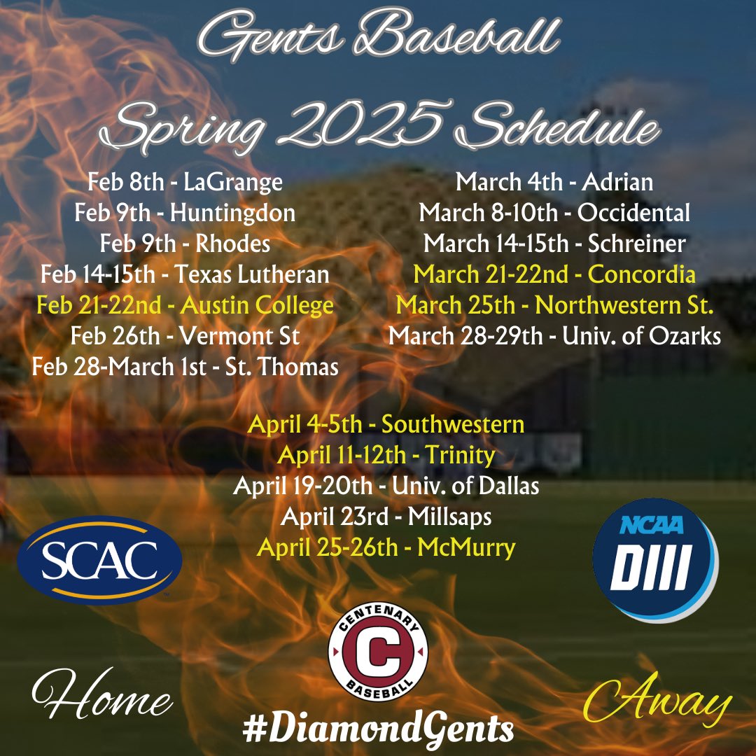 🚨 Schedule Release 🚨

Gents Baseball Spring 2025 schedule has been set in stone. 

🔗 gocentenary.com/sports/bsb/202…

#GentsBaseball | #DiamondGents