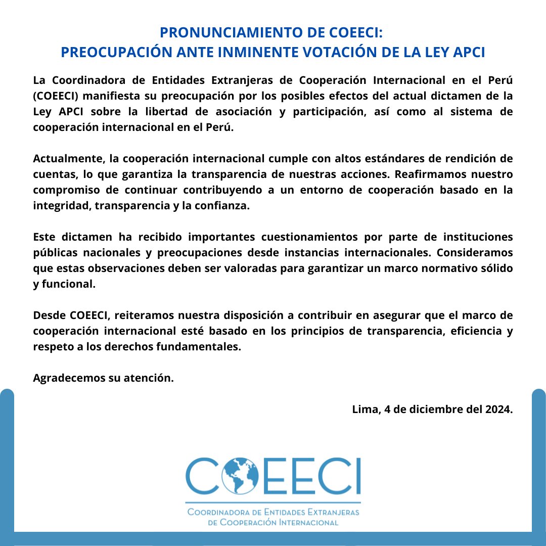 🚨𝐏𝐫𝐨𝐧𝐮𝐧𝐜𝐢𝐚𝐦𝐢𝐞𝐧𝐭𝐨 𝐝𝐞 𝐂𝐎𝐄𝐄𝐂𝐈: 𝐏𝐫𝐞𝐨𝐜𝐮𝐩𝐚𝐜𝐢𝐨́𝐧 𝐚𝐧𝐭𝐞 𝐢𝐧𝐦𝐢𝐧𝐞𝐧𝐭𝐞 𝐯𝐨𝐭𝐚𝐜𝐢𝐨́𝐧 𝐝𝐞 𝐥𝐚 𝐋𝐞𝐲 𝐀𝐏𝐂𝐈🚨 

➡️ ➡️ bit.ly/41kkvhc