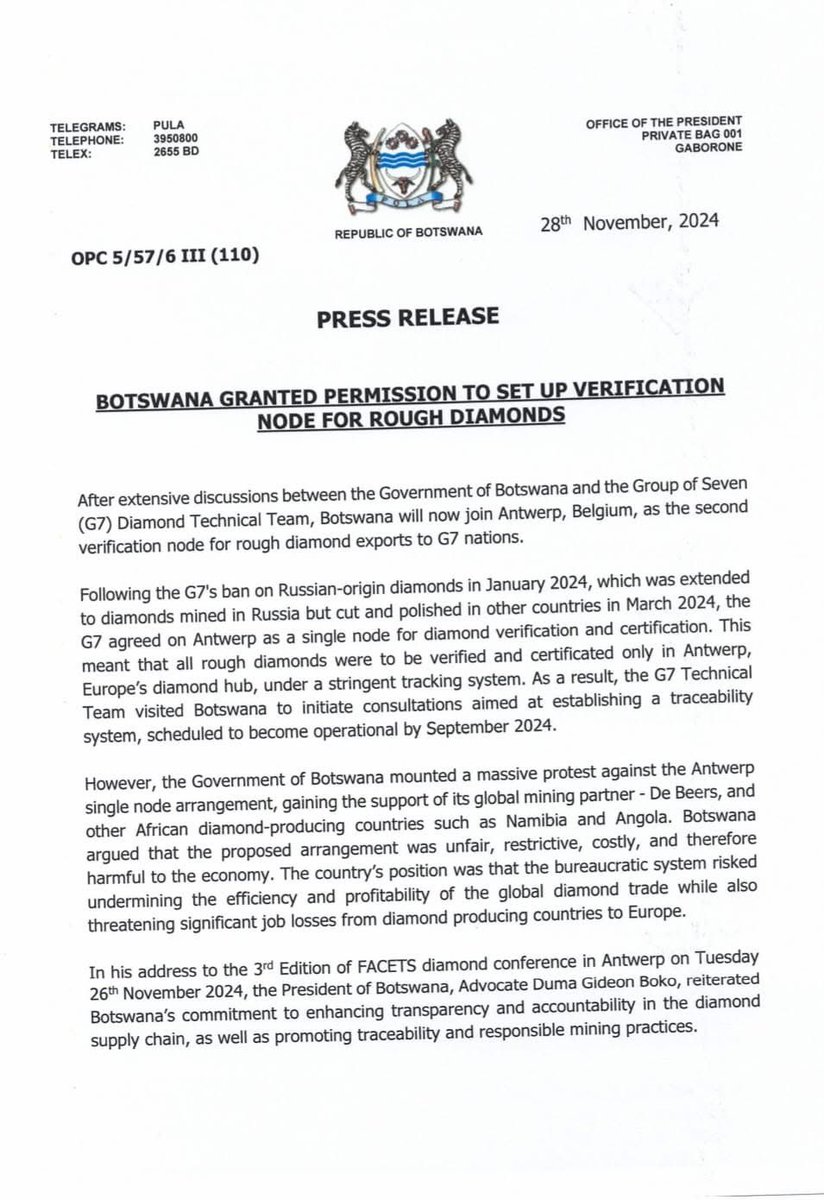 AfricaFactsZone's tweet image. Botswana is set to join Belgium as a verification and certification hub for rough diamond exports to G7 countries namely USA, Canada, France, Germany, Italy, Japan and the UK.