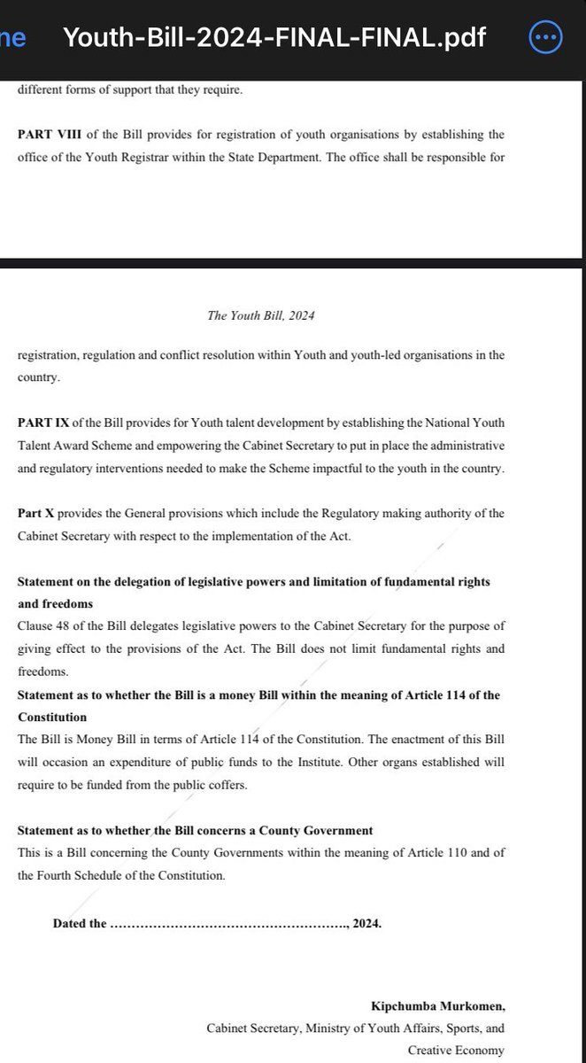 Invitation 4 Submission of Comments

The @sdy_ke through the <a href="/moyasa_ke/">Min. of Youth Affairs, Creative Economy & Sports</a> is calling for public participation on the  Kenya "Youth Bill 2024" The bill aims to advance youth development, participation &amp; Empowerment

Link to the Bill - youth.go.ke/policy-documen…

Template Memo (🧵)