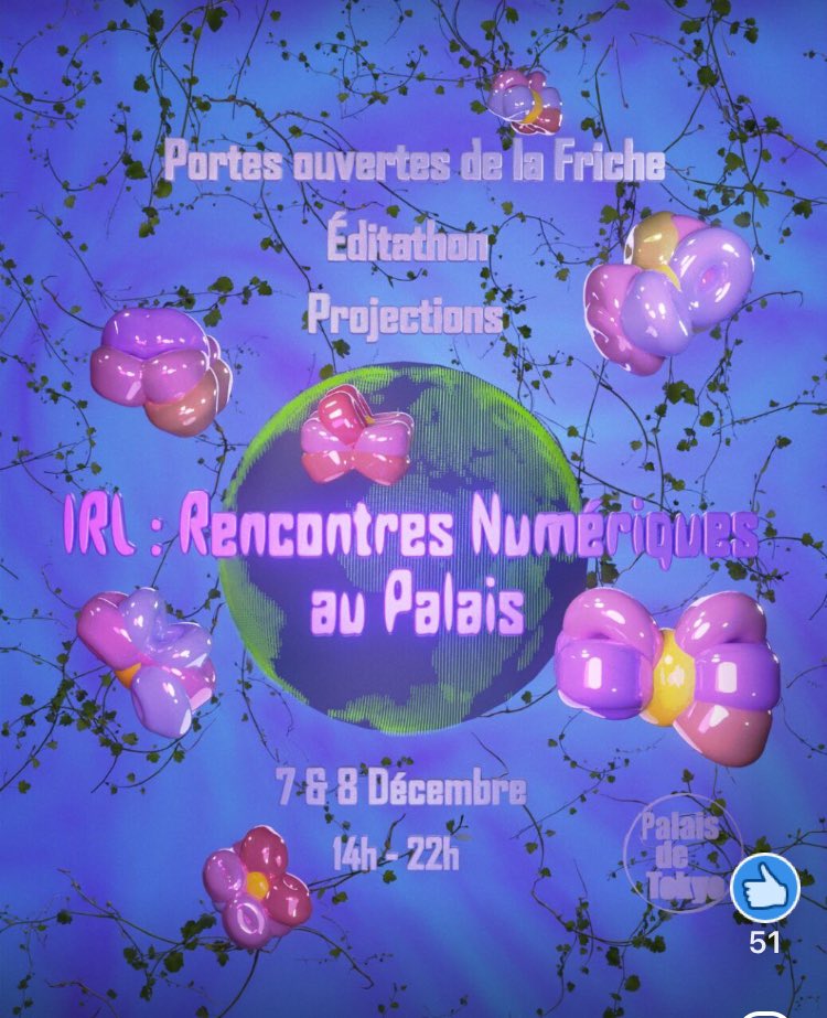 Marine Pillaudin (@marinepillaudin) on Twitter photo IRL : RENCONTRES NUMÉRIQUES | Un week-end pour explorer, échanger et créer autour des pratiques numériques <a href="/PalaisdeTokyo/">Palais de Tokyo</a>
RDV le 7 et le 8 décembre
➡️ palaisdetokyo.com/evenement/port… IRL : RENCONTRES NUMÉRIQUES | Un week-end pour explorer, échanger et créer autour des pratiques numériques <a href="/PalaisdeTokyo/">Palais de Tokyo</a>
RDV le 7 et le 8 décembre
➡️ palaisdetokyo.com/evenement/port…