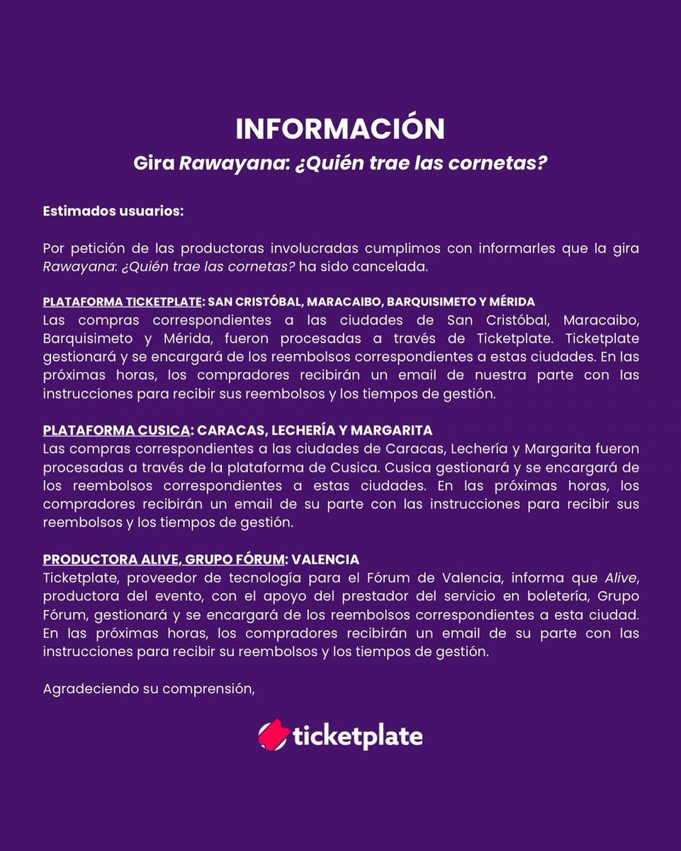 Ticketplate se responsabilizará por reembolsarle el dinero a los compradores del “Quién Trae Las Cornetas World Tour” en San Cristóbal, Maracaibo, Barquisimeto, Mérida, Caracas, Lechería, Margarita y Valencia. Abran email, allí sabrán: instrucciones y tiempos de gestión 📩🥺
