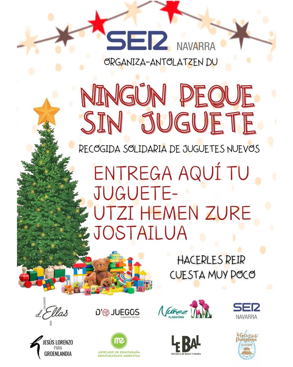 escuelalebal's tweet photo. Le Bal participa en la campaña organizada por @SERnavarra  #ningunpequesinjueguete como establecimiento patrocinador para la recogida de juguetes nuevos para niños/as en riesgo de exclusión y pobreza de #Pamplona y comarca en colaboración con la Gota de Leche. https://t.co/Fxq7iJ84gW