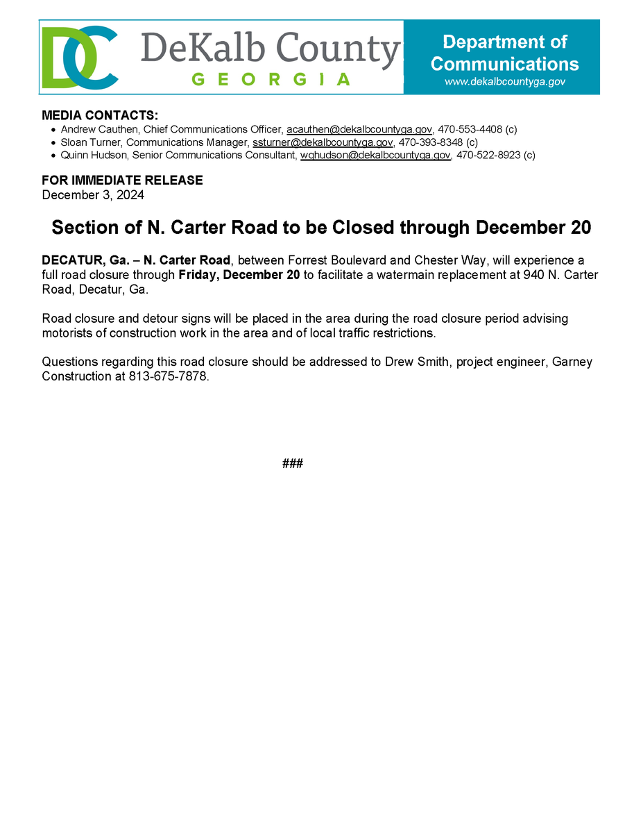 Road Closure Announcements for Craigie Avenue, Livingstone Place, and North Carter Road