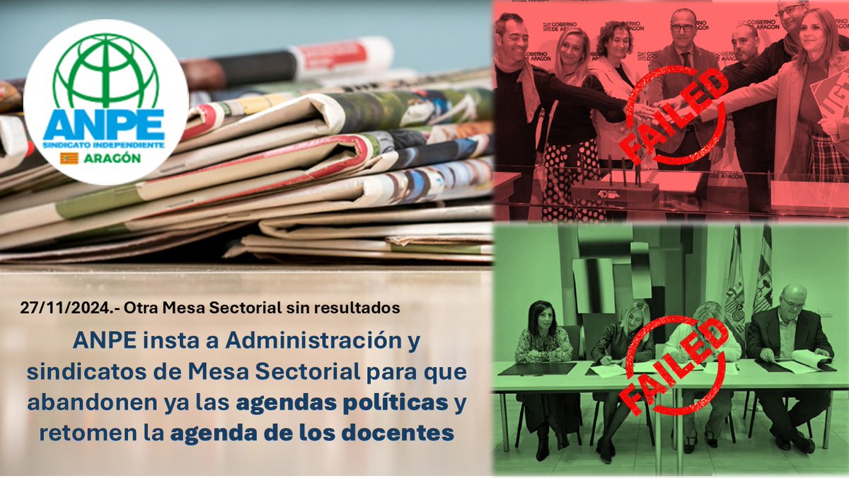 anpearagon's tweet photo. 🌐 MESA SECTORIAL: OTRA OPORTUNIDAD PERDIDA

😡 El Acuerdo “de mejoras” de condiciones laborales ratificado sin unidad sindical, en solitario, por el sindicato conservador mayoritario consolida la discriminación de los docentes más precarizados.

➕ Info: https://t.co/gx9qmrJRJo https://t.co/Sx1nzvkNWB
