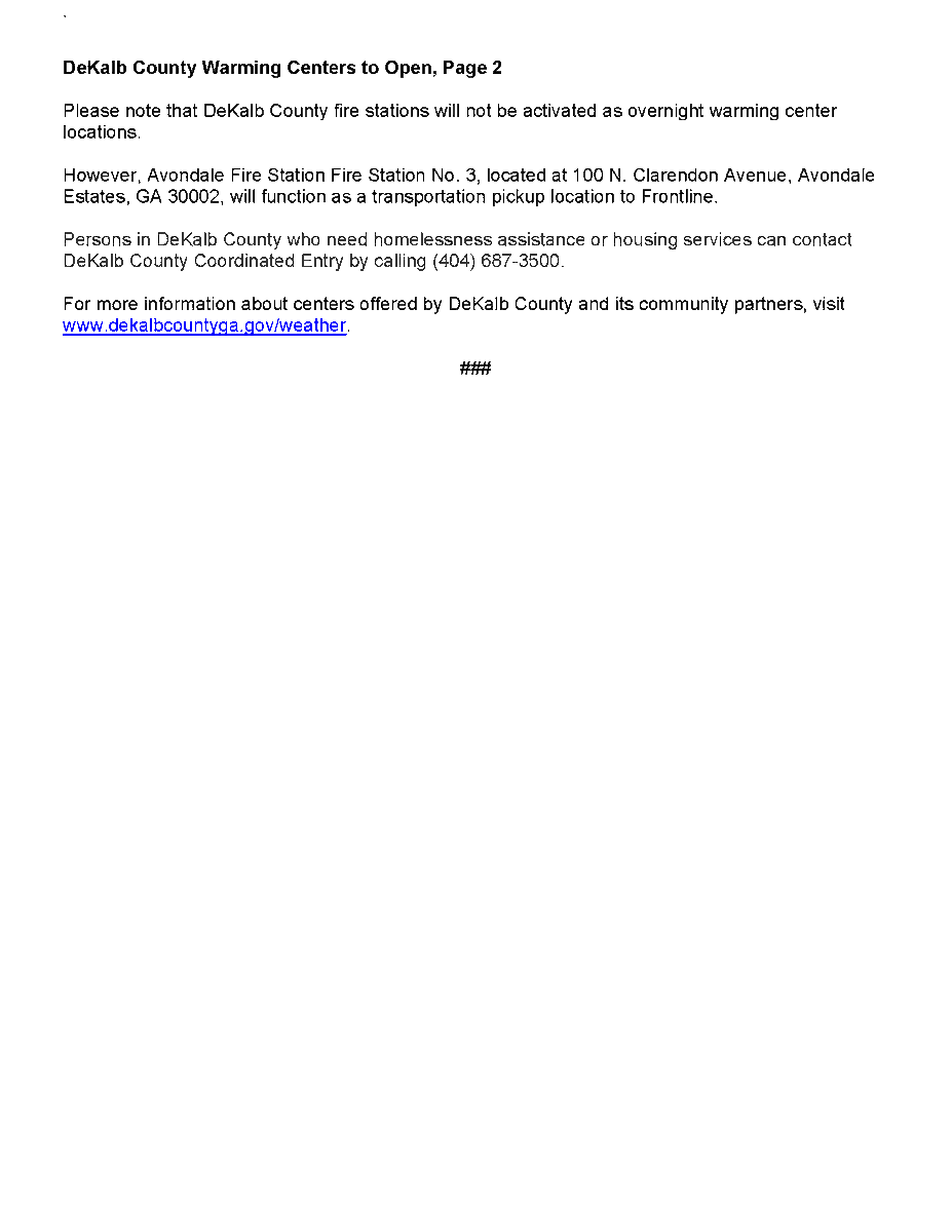 DeKalb County Warming Centers to Open from December 5 through December 7