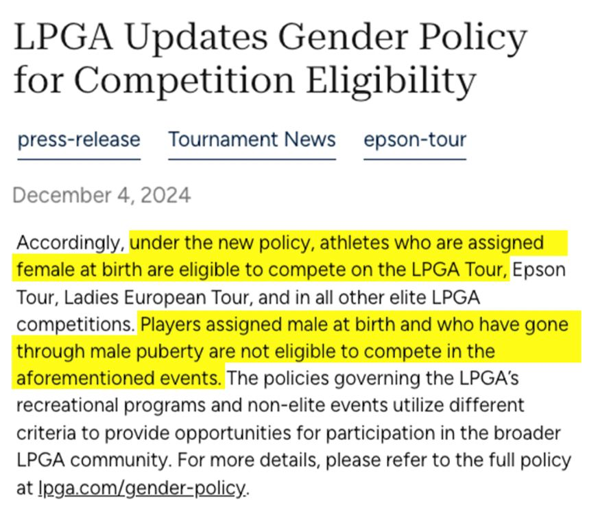 BREAKING: The <a href="/LPGA/">LPGA</a> just announced a new policy change banning men from participating in women’s golf.

HUGE WIN!