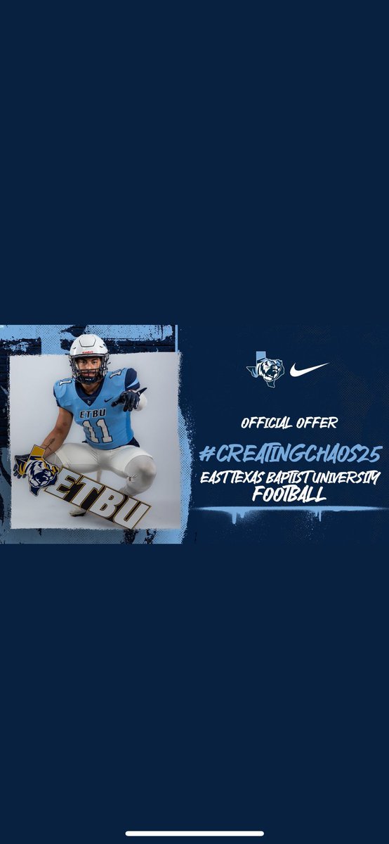 After a great conversation with <a href="/coachrsmith12/">Coach Ryan Smith</a> I’m blessed to receive a offer from <a href="/GoETBUTigers/">ETBU Athletics</a>  <a href="/coachjsam/">Joseph Sam</a> <a href="/WillieCarter34/">Willie Carter 🏈🏈</a> <a href="/Tiphany_Renee/">Tiffany Hearsley</a> <a href="/Sallis02/">SALLIS</a> <a href="/BSublet/">BSUB</a> <a href="/TRUHuntPerform/">TRU Hunt Performance</a>