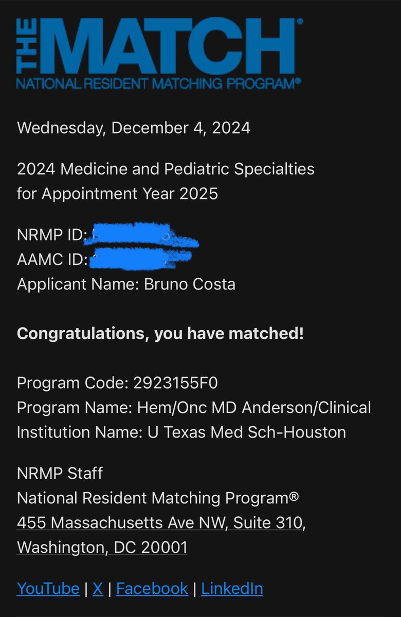mdbrunocosta's tweet image. One of the happiest moments of my life: matched into my #1 choice for Hem/Onc fellowship—@MDAndersonNews, here we go!
I am grateful beyond words to every single person who supported, taught, inspired, and believed in me along this journey, and I promise to make the most of this…