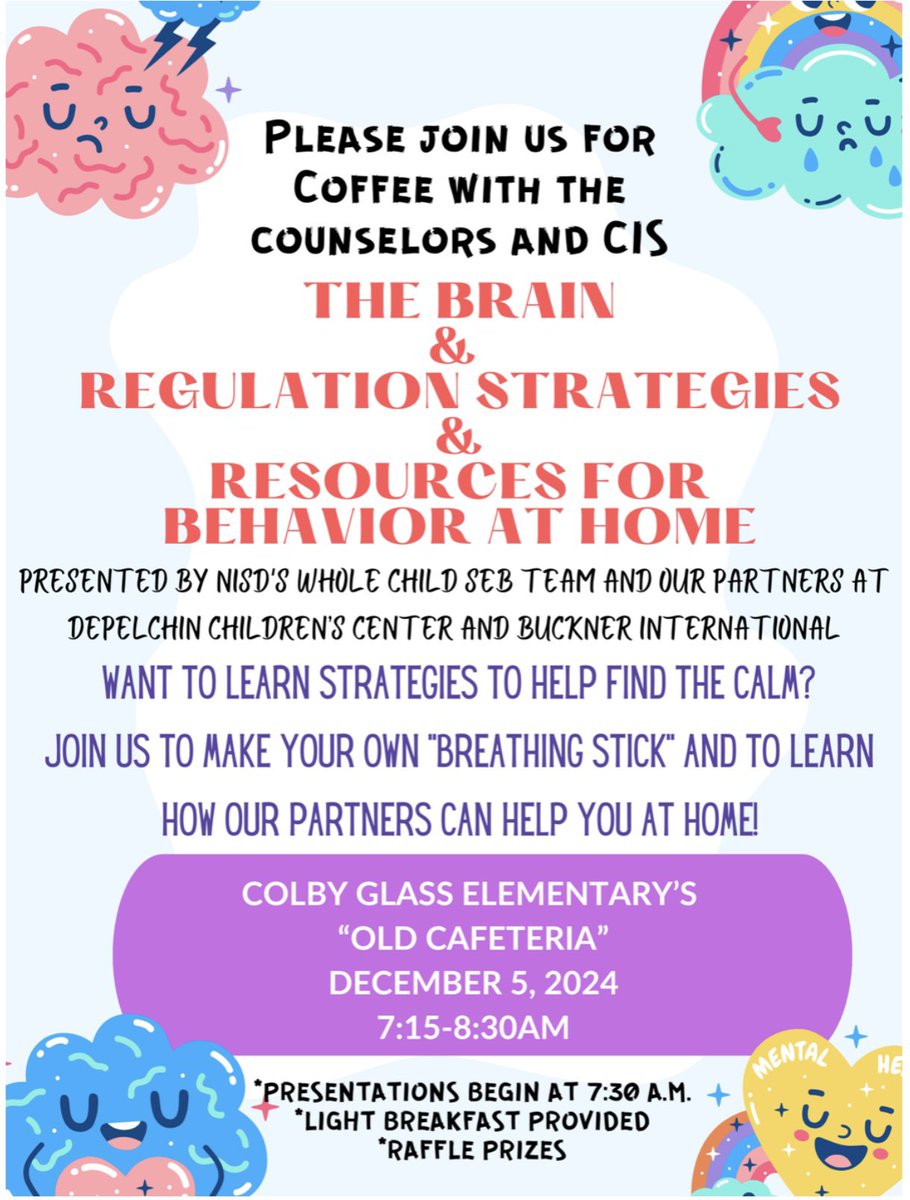 _ChapmanS's tweet photo. Join us! Our NISD SEB department and our partners at DePelchin & Buckner Intl. will present to parents. Come enjoy some breakfast, make your own breathing stick, find support for home, win a raffle & make your child a Candy Gram! #schoolcounselors #coffee #candygrams https://t.co/ZLUWmqKBm5