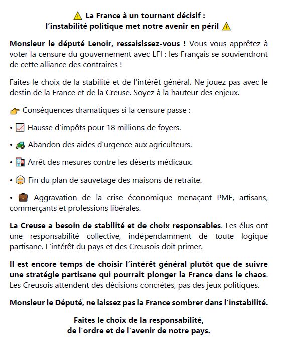 ⚠️ La France à un tournant décisif :
l’instabilité politique met notre avenir en péril ⚠️
Monsieur le député Lenoir, ressaisissez-vous ! 
Faites le choix de la stabilité et de l’intérêt général. Ne jouez pas avec le destin de la France. 
Soyez à la hauteur des enjeux.