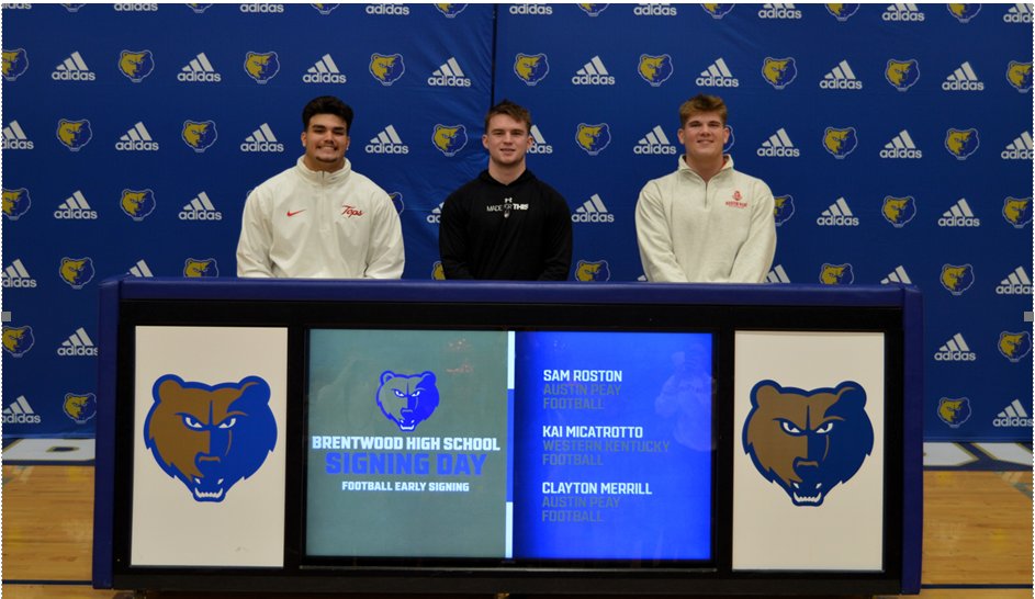 Brentwood Football (@wcsbhscf) on Twitter photo So proud of these three guys and also so appreciative for everything they have done for our football program. Big things ahead for all three of them!
<a href="/KaiMicatrotto/">Kaiaulu Micatrotto</a> signs with <a href="/WKUFootball/">WKU Football</a>
<a href="/claytonmerrill8/">Clayton Merrill</a> signs with <a href="/GovsFB/">Austin Peay Football</a>
<a href="/SamRoston50/">Sam Roston</a> signs with <a href="/GovsFB/">Austin Peay Football</a>
#GoBruins So proud of these three guys and also so appreciative for everything they have done for our football program. Big things ahead for all three of them!
<a href="/KaiMicatrotto/">Kaiaulu Micatrotto</a> signs with <a href="/WKUFootball/">WKU Football</a>
<a href="/claytonmerrill8/">Clayton Merrill</a> signs with <a href="/GovsFB/">Austin Peay Football</a>
<a href="/SamRoston50/">Sam Roston</a> signs with <a href="/GovsFB/">Austin Peay Football</a>
#GoBruins