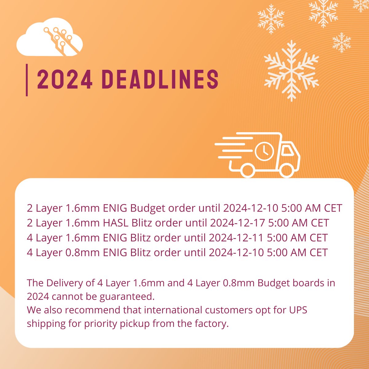 As 2024 comes to a close and the holiday season approaches, we would like to inform you about the upcoming deadlines for ordering PCBs to ensure delivery in this year.