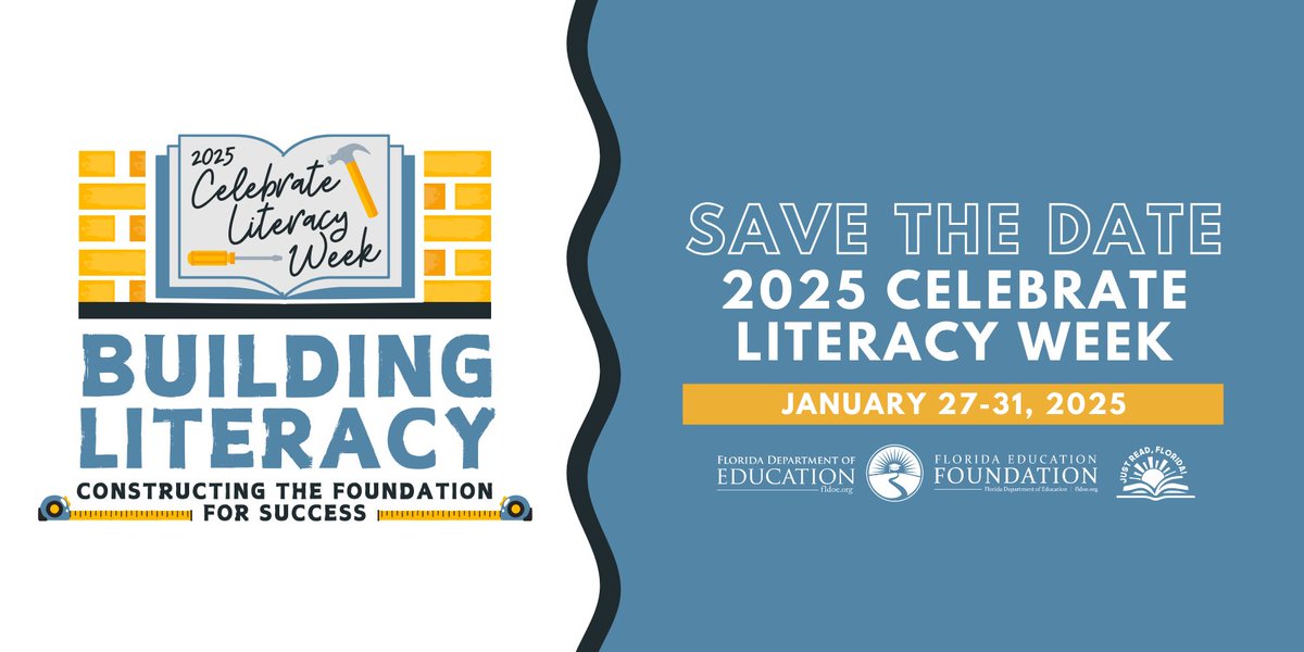 The Just Read, Florida! Office is excited to share the 2025 Celebrate Literacy Week theme “Building Literacy”! We can’t wait to see the activities that districts “construct” to “build” literacy foundations during Celebrate Literacy Week, occurring January 27-31, 2025.