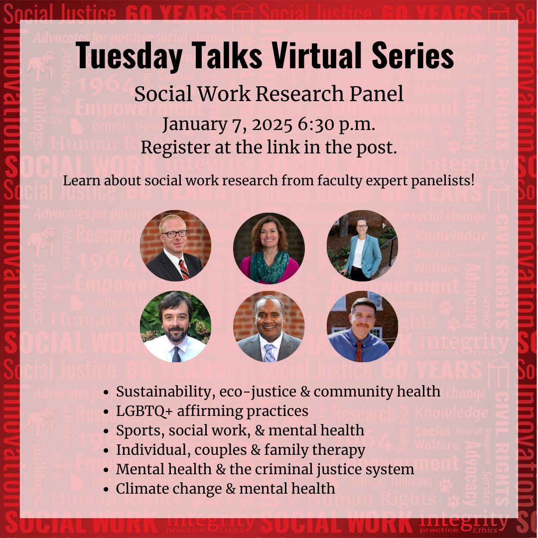 Tuesday Talks: Social Work Research Panel
January 7, 2025 6:30 p.m.
Register at: ow.ly/q6qj50U8cSa

Join us for a new virtual series on the first Tuesday of each month, in which faculty members discuss how social workers create positive change in the world.