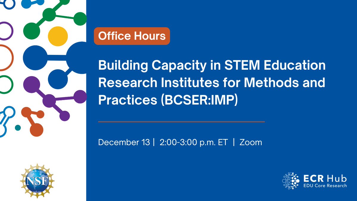 NSF ECR Hub (@ecrhub) on Twitter photo Have questions about the <a href="/NSF/">U.S. National Science Foundation</a> Building Capacity in STEM Education Research Institutes for Methods and Practices (BCSER:IMP) solicitation?
Join us on Dec. 13 for a drop-in office hour!
Register: ecrhub.org/public-event/n… Have questions about the <a href="/NSF/">U.S. National Science Foundation</a> Building Capacity in STEM Education Research Institutes for Methods and Practices (BCSER:IMP) solicitation?
Join us on Dec. 13 for a drop-in office hour!
Register: ecrhub.org/public-event/n…