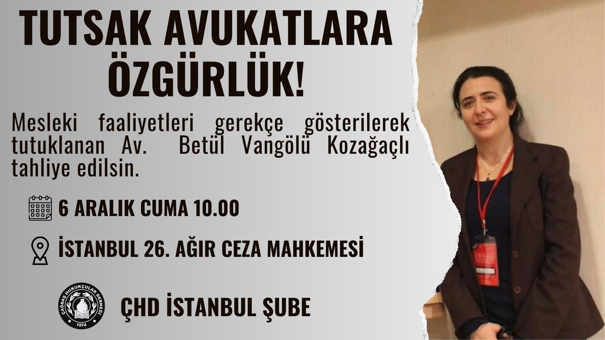 Genel Merkez yöneticimiz Av. Nazan Betül Vangölü Kozağaçlı hiçbir delil olmaksızın tamamen hukuksuz şekilde tutuklanalı neredeyse 10 ay oldu. Tutuklu meslektaşlarımızın ve mesleğimizin yanındayız. 

Savunmaya saldırılara son! 

Av. Betül Vangölü Kozağaçlı serbest bırakılsın!