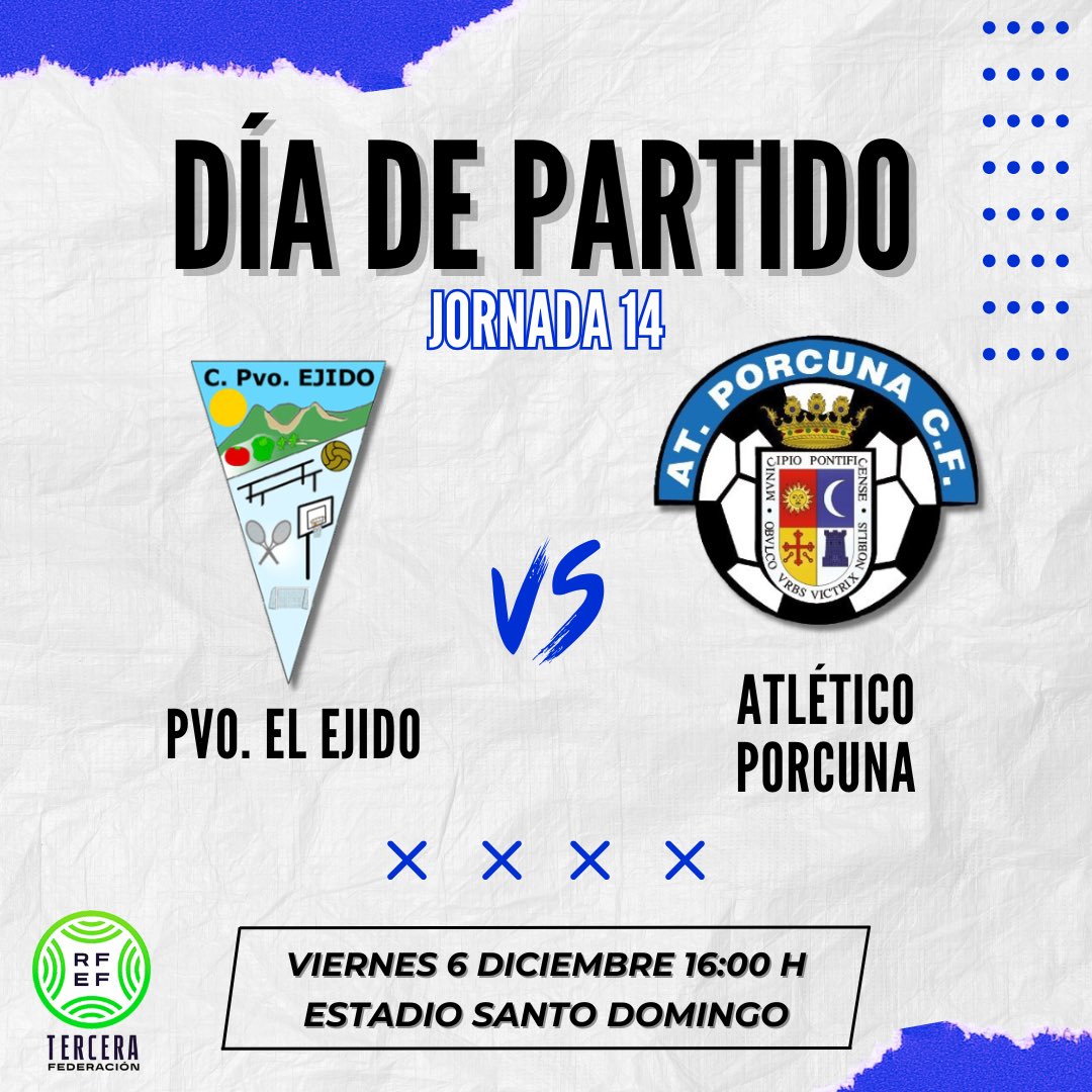⚽ JORNADA 14

Este viernes tenemos una cita en El Ejido, donde buscaremos conseguir un resultado positivo.

💪🏼 ¡Vamos Atleti!

🆚 <a href="/Poli_ElEjido/">Polideportivo El Ejido</a> 
🏟 Estadio Santo Domingo
🗓 Viernes 6 Diciembre
🕣 16:00h
📺 twitch.tv/polielejido

#AtPorcuna2425
#EnTerceraJugamosTodos