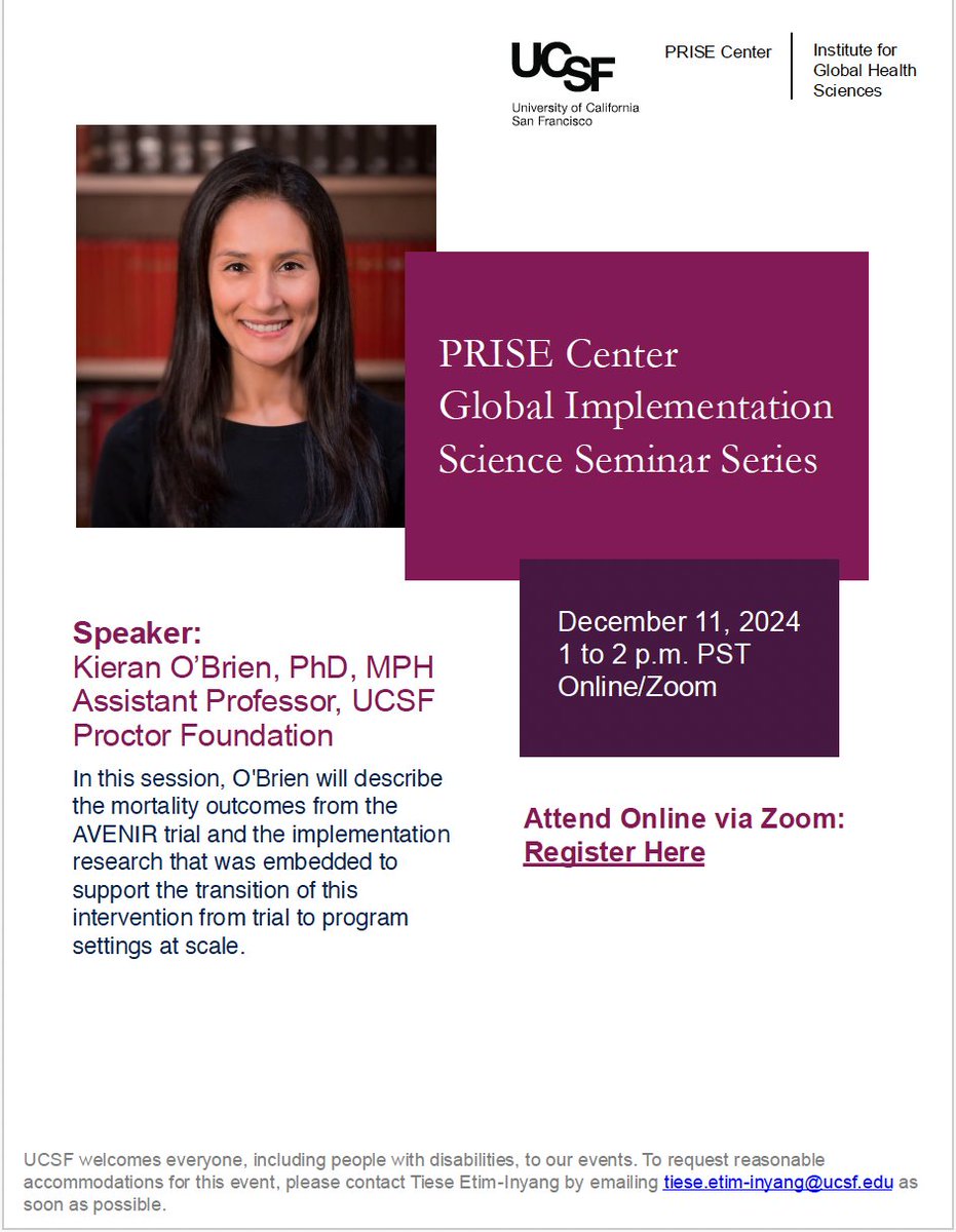 ImSatUCSF's tweet image. 🗓️ Join the PRISE Center's Global ImS Seminar Series on Dec. 11, 1- 2 PM PT. Dr. Kieran O'Brien will discuss the AVENIR trial and the implementation research that supported the transition of this intervention from trial to program settings.
Register: ucsf.zoom.us/meeting/regist…