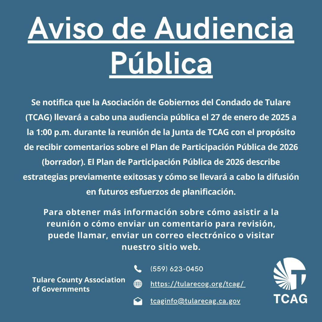📷 Public Input Needed! 📷
The Tulare County Association of Governments (TCAG) has released its Draft Public Participation Plan for review and public comment.
For more details, visit TCAG's website: tularecog.org/tcag/planning/…