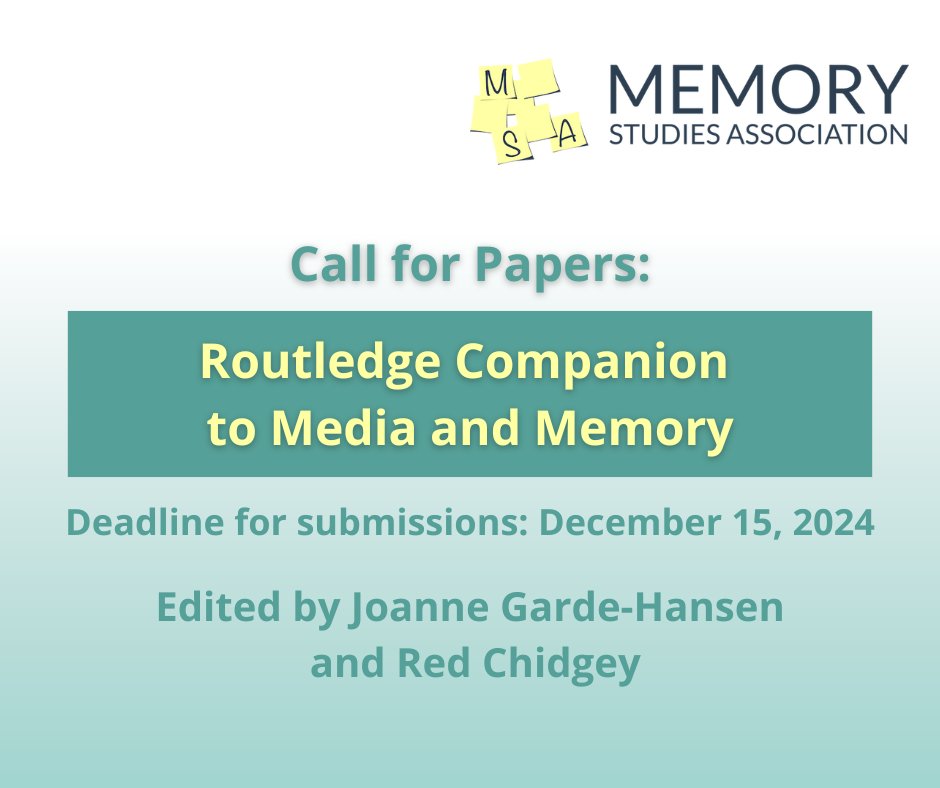 📢 #CallforPapers: Routledge Companion to #Media &amp; #Memory

Seeking chapter proposals on:
🎥 Media forms (cinema, social media, gaming)
🌱 Decolonial &amp; feminist perspectives
🎨 Creative practices (AI, VR, AR)
🔍 New research methods

🔗bit.ly/4iiOWdM