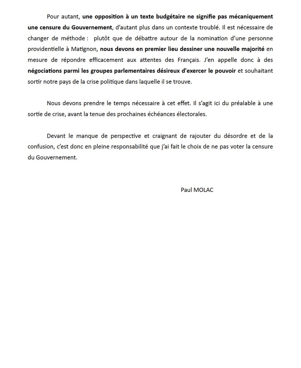 A la suite du vote de la motion de censure, nous avons conjointement la responsabilité de préparer l'avenir. Nous devons définir un véritable périmètre de majorité autour d’un contrat de gouvernance.