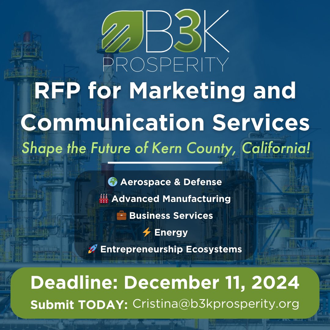 Griffiss Institute (@griffissinst) on Twitter photo 🚨 1 Week Left to Respond to B3K Prosperity's RFP! 🚨
Griffiss Institute supports <a href="/b3kprosperity/">B3K Prosperity</a> in Kern County, CA, as they seek Marketing & Communication Services!
📅 Deadline: Dec 11, 2024
📄 Info: tinyurl.com/bdhnnvw8
✉️ Submit: Cristina@b3kprosperity.org 🚨 1 Week Left to Respond to B3K Prosperity's RFP! 🚨
Griffiss Institute supports <a href="/b3kprosperity/">B3K Prosperity</a> in Kern County, CA, as they seek Marketing & Communication Services!
📅 Deadline: Dec 11, 2024
📄 Info: tinyurl.com/bdhnnvw8
✉️ Submit: Cristina@b3kprosperity.org