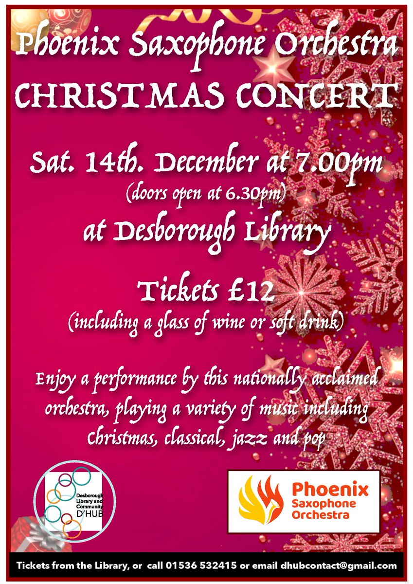 PhoenixSaxOrg's tweet image. We've got a festive concert coming up on 14 December at Desborough Library to get you into the Christmas spirit ☃️🎄See the poster for more details 😃 🎷 xxx