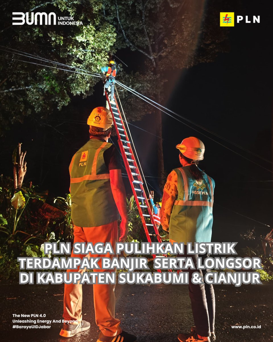 pln_jabar's tweet photo. PLN siaga pulihkan listrik dampak banjir serta longsor di Kabupaten Sukabumi dan Cianjur.

#pln #plnjabar #plnmobile #BarayaUIDJabar #UnleashingEnergyandBeyond #k3 #k3l #plngerakcepat #pelayananoptimal https://t.co/zGUDCMc5CB