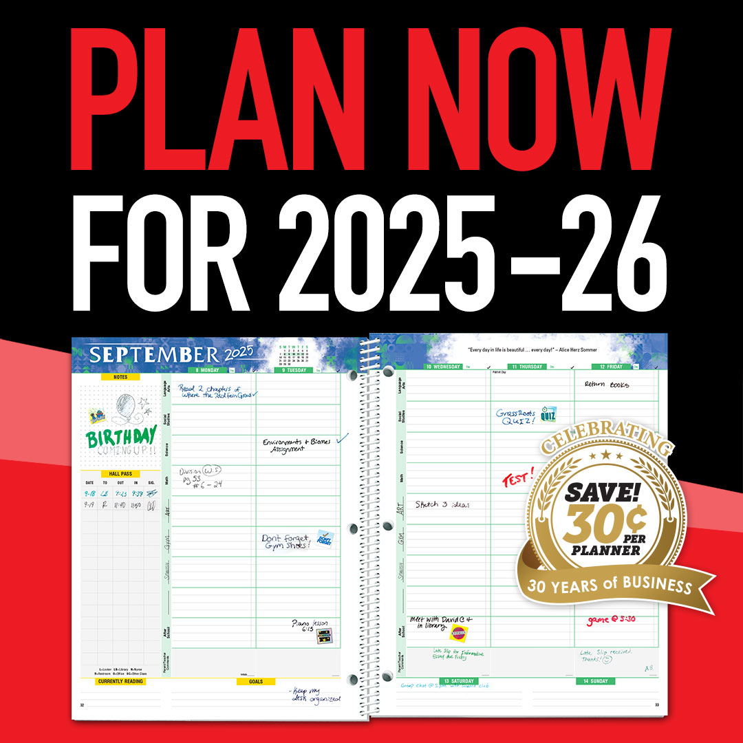Get started planning for the 2025-26 school year and help us celebrate 30 years of business! Take off 30¢ per  full-color Student Planner when you order before May 7, 2025.

schoolmate.com/student-planne…
