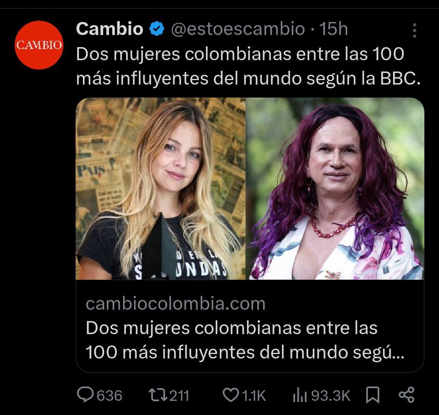 AgustinLaje's tweet image. Tantas colombianas valiosas y exitosas, para que un HOMBRE DISFRAZADO DE MUJER termine siendo distinguido por la BBC como la colombiana más influyente. Un verdadero insulto contra las verdaderas mujeres de Colombia.