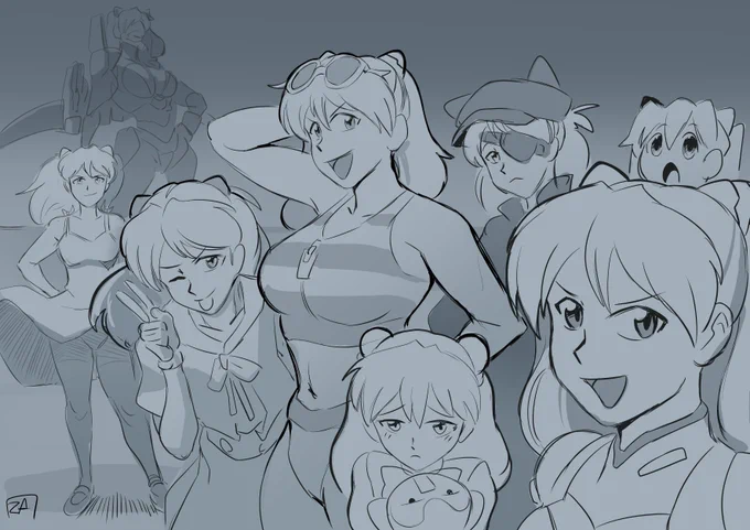 Its my wife, Asuka's birthday today! So I drew different outfits and versions of her in celebration! Happy birthday asuka! 