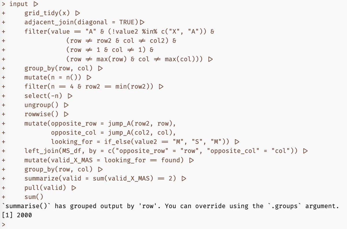 Anybody else find Part 2 of today's #AdventOfCode easier than Part 1?

I really enjoy when I can put (almost...one little helper function) the entire problem in a single #RStats tidyverse pipe.