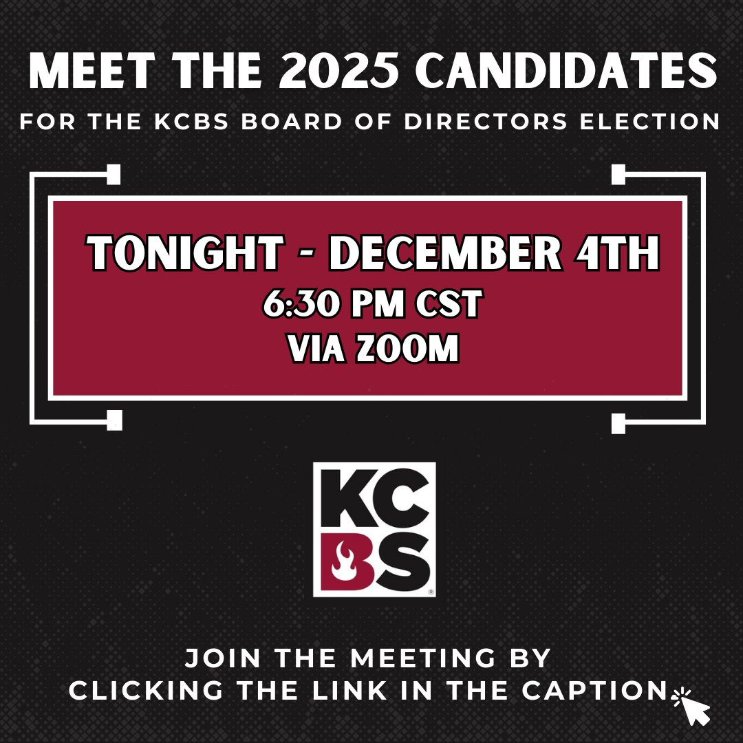Hey KCBS Members, tonight is the night! At 6:30 PM CST, meet the 2025 KCBS Board of Director Candidates via Zoom. 

Join the meeting by clicking the link below:
us06web.zoom.us/j/89402774331?…

We look forward to seeing you tonight!