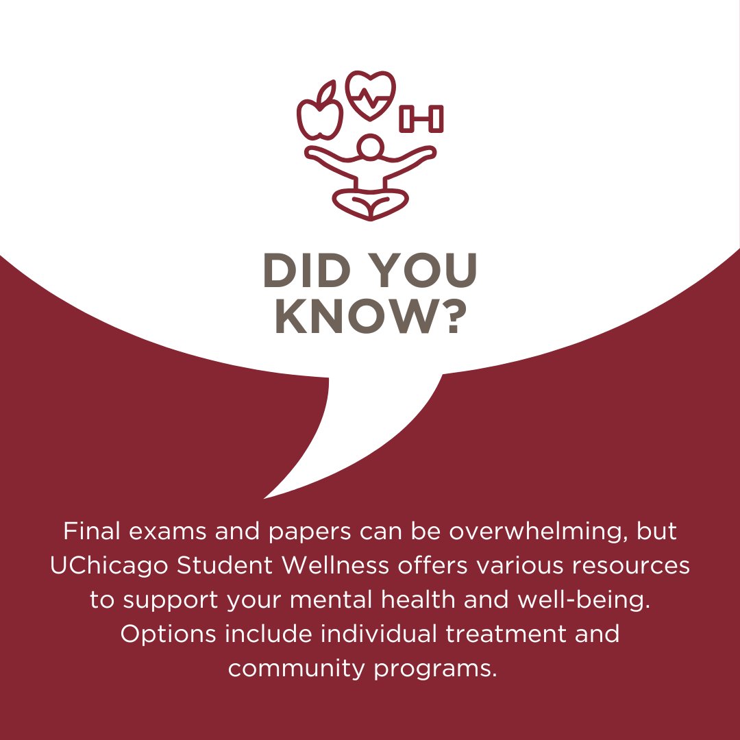 Final exams and papers can be overwhelming, but UChicago Student Wellness offers various resources to support your mental health and well-being 💛 Options include individual treatment and community programs: wellness.uchicago.edu/mental-health/