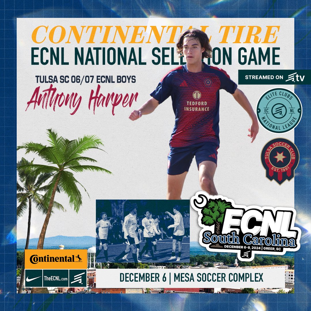 Congratulations to <a href="/TulsascE/">Tulsa SC 06/07 Boys ECNL</a> 06/07 <a href="/ECNLboys/">ECNL Boys</a> player, <a href="/acharper_2025/">Anthony Harper</a> , on being selected to represent the East in this weekend’s Continental Tire ECNL National Selection Game in Greer, SC👏💪

#TulsaSC