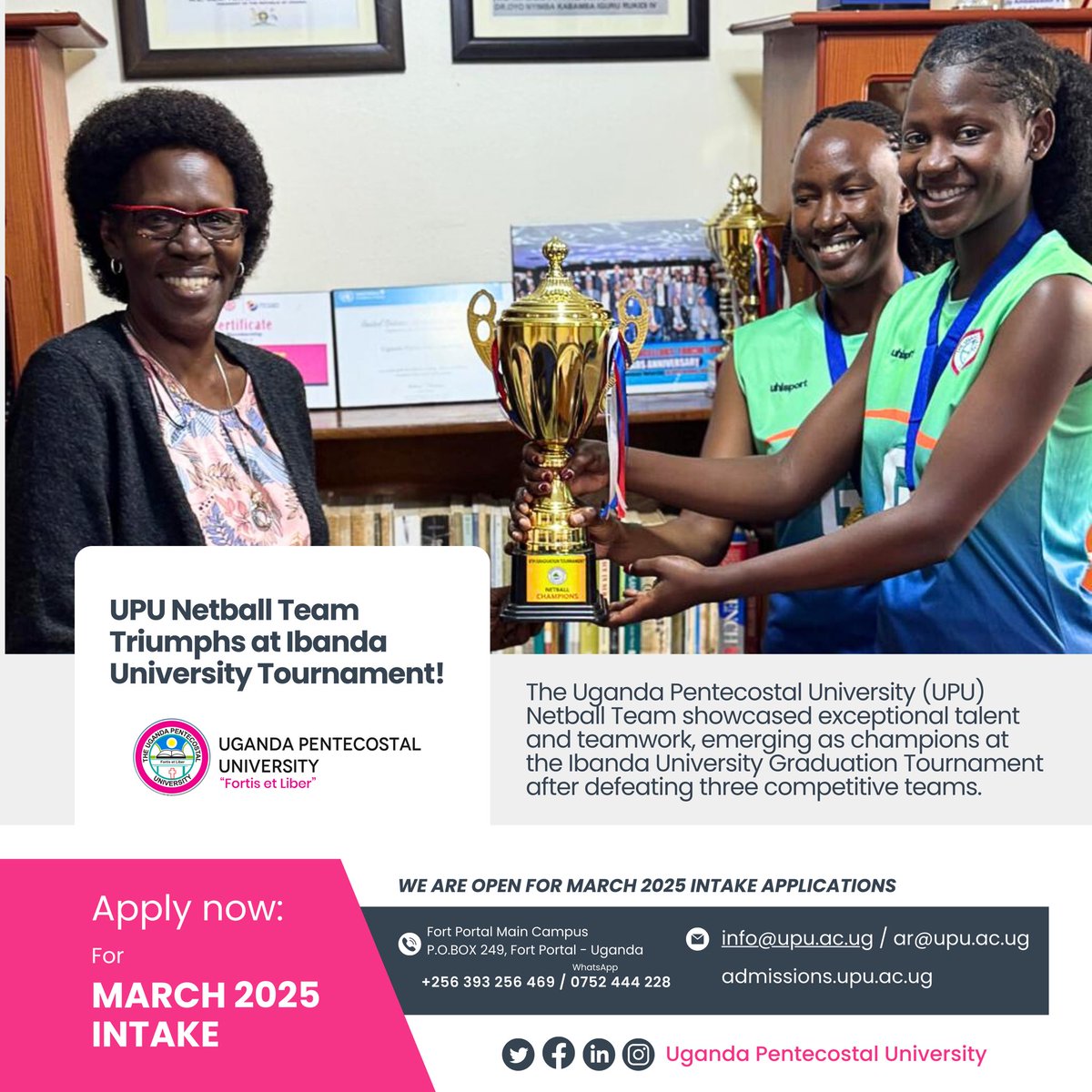 UPU_Uganda's tweet photo. Congratulations again to the UPU Netball and Football Teams! 

Both teams showcased incredible talent and teamwork, bringing home two trophies. A proud moment as the captains presented the trophies to our VC, Prof. @pntambirweki. 

#UPUVictory #SportsExcellence https://t.co/8uIVVr1DMl