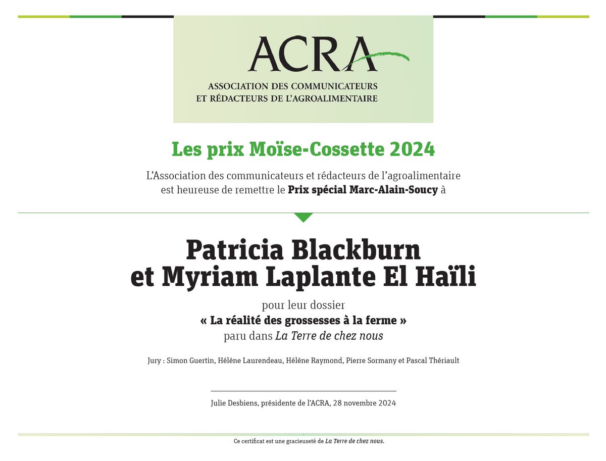ACRAAssociation's tweet photo. Bravo à @cyberpatricia Patricia Blackburn et @MyriamLaplanteE  récipiendaires du prix Moïse-Cossette catégorie coup-de-coeur Marc-Alain-Soucy pour « La réalité des grossesses à la ferme ». Voir tous les gagnants ici: https://t.co/RwYhSN0mCs https://t.co/3p7d9dzI6F