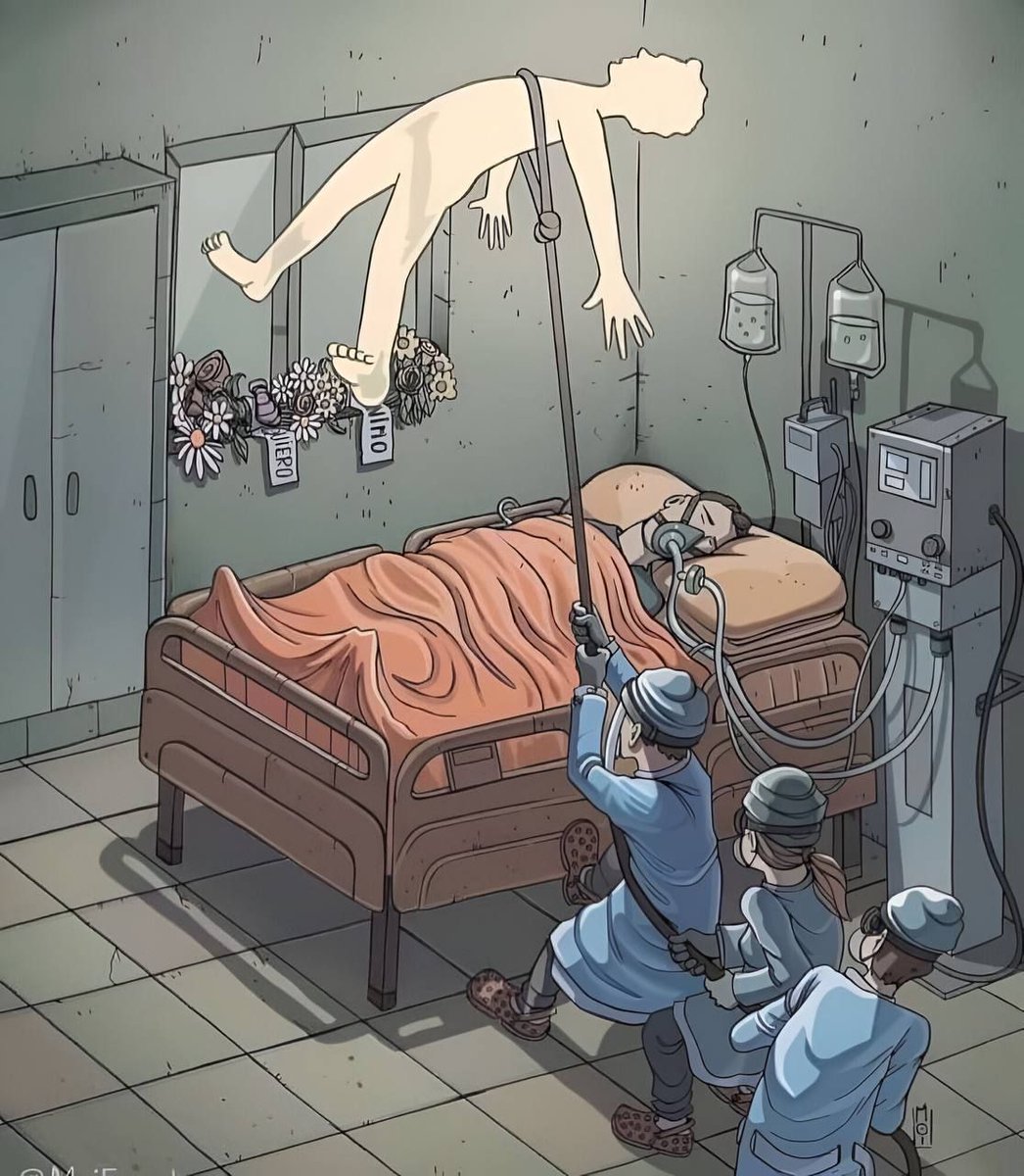 It could reflect on the fragile line between life and death, with medical intervention playing a pivotal role. The figure above might symbolize the soul's journey or the patient's consciousness.