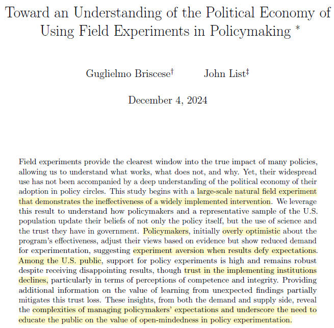 Guglielmo Briscese (@gbriscese) on Twitter photo Do citizens trust government more if they are committed to evidence-based policymaking? What happens when evaluation results disappoint? In this WP, <a href="/Econ_4_Everyone/">John A. List</a> and I explore how policymakers & the public react to unexpected evidence: drive.google.com/file/d/13SmS4r… #EconTwitter Do citizens trust government more if they are committed to evidence-based policymaking? What happens when evaluation results disappoint? In this WP, <a href="/Econ_4_Everyone/">John A. List</a> and I explore how policymakers & the public react to unexpected evidence: drive.google.com/file/d/13SmS4r… #EconTwitter