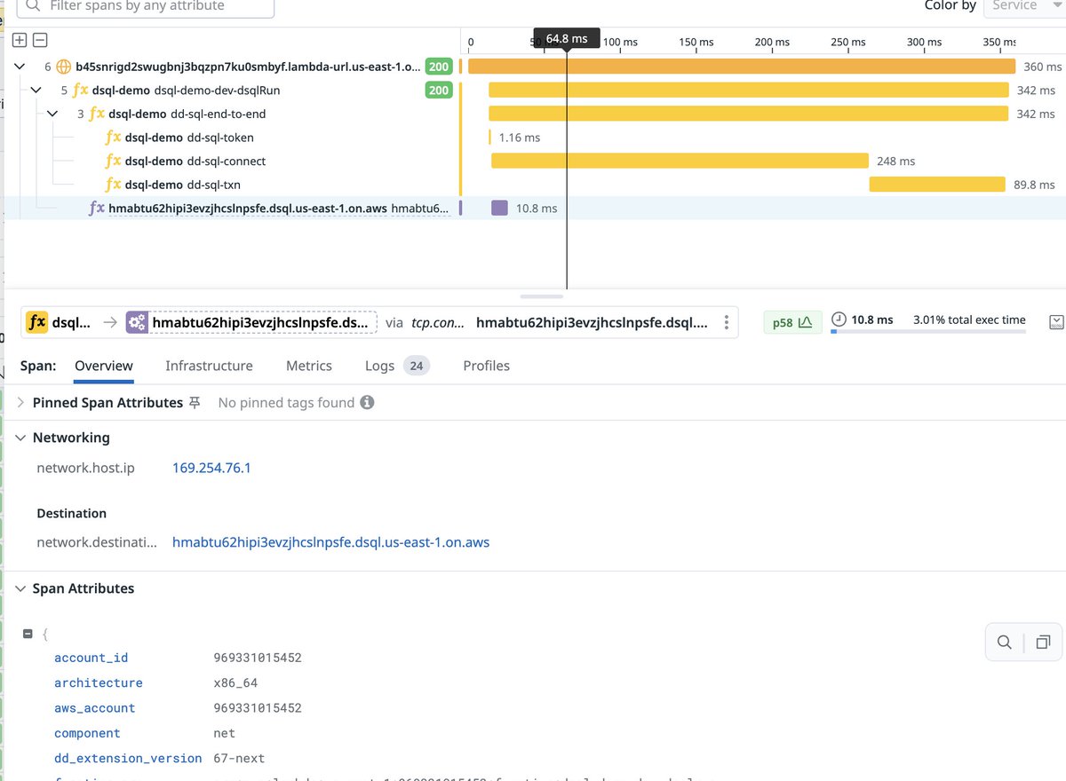 Aurora DSQL's connection pools are fast 🔥🔥🔥

In Lambda, getting a new token is single-digit milliseconds and making the TCP connection to the cluster (purple line) was only 11ms in this traced example: