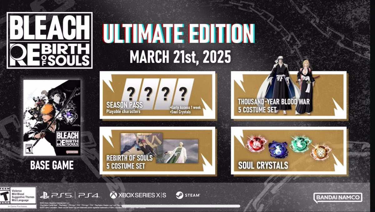 DBZimran's tweet photo. BLEACH: Rebirth of Souls March 21st release!
- TYBW Costume Pre-order Bonuses 
- Deluxe Edition
- Ultimate Edition
Season Pass for additional playable characters CONFIRMED!! https://t.co/8rrkzEag6P