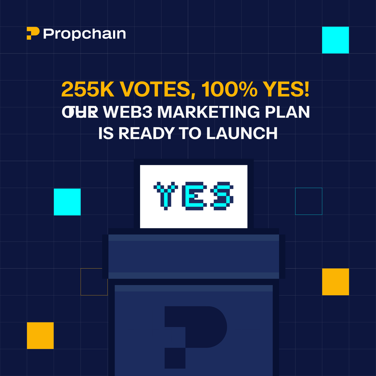 PropChainGlobal's tweet image. 🗣️ The community has spoken!

With over 255K votes and 100% voting YES, the Web3 Marketing Plan is officially moving forward.

Preparations are underway for the Biggest #RWA Airdrop Campaign yet. Stay tuned for updates! 🚨