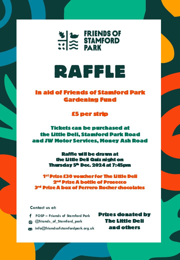 We are hosting a raffle to raise money for our gardening fund!
Tickets are just £5 and can be purchased at The Little Deli and JW Motor Services. The raffle will be drawn at The Little Deli's Quiz Night on December 5th.
Let's help keep Stamford Park beautiful!
#altrincham #hale