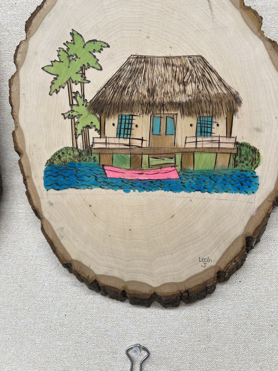 kuzminart's tweet photo. Amazing  pyrography from Applied Arts and Design 2!  First they applied 7 pen and ink techniques with a soldering iron then they added watercolor to the wood plaques!  ⁦@MTPSpride⁩ ⁦@Frank_Cap1_BOE⁩ https://t.co/f7oj5dXaie